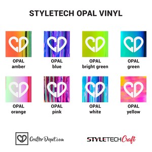 May include: Eight different colors of opal vinyl with a heart-shaped design. The colors are amber, blue, bright green, green, orange, pink, white, and yellow.