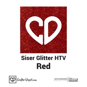 May include: Red glitter heat transfer vinyl (HTV) with a white heart-shaped "CD" logo. Siser Glitter HTV Red.