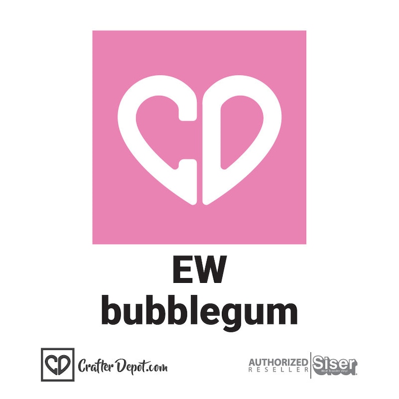 K&ouml;nnte beinhalten: Rosaer Quadrat mit einem wei&szlig;en herzf&ouml;rmigen Design, das die Buchstaben "CD" enth&auml;lt. Der Text "EW bubblegum" befindet sich unter dem Quadrat.