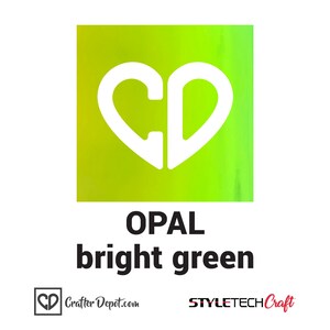 May include: A square image with a white heart-shaped logo with the letters "CD" inside. The background is a gradient of green and yellow. The text "OPAL bright green" is below the logo.