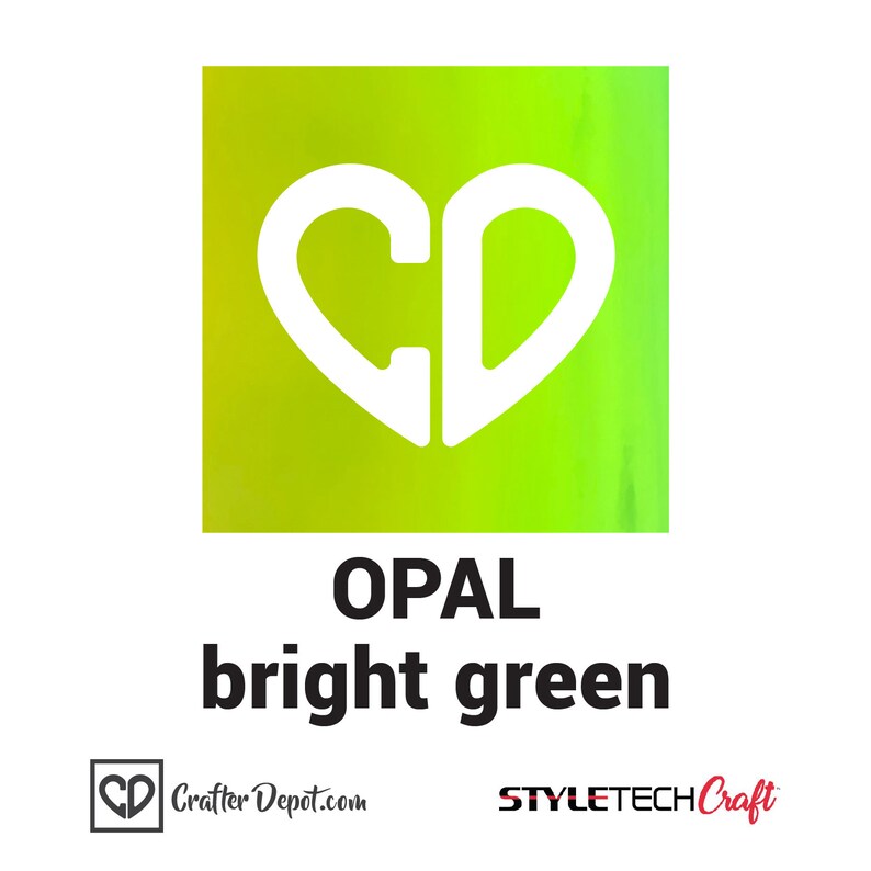 May include: A square image with a white heart-shaped logo with the letters "CD" inside. The background is a gradient of green and yellow. The text "OPAL bright green" is below the logo.