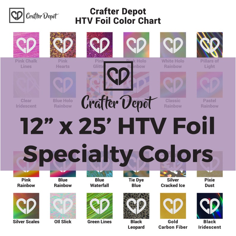 May include: A color chart for 12" x 25' heat transfer vinyl (HTV) foil in a variety of colors, including pink chalk lines, pink hearts, pink glitter, pink holographic rainbow, white holographic rainbow, pillars of light, clear iridescent, blue holographic rainbow, classic rainbow, pastel rainbow, pink rainbow, blue rainbow, blue waterfall, tie dye blue, silver cracked ice, pixie dust, silver scales, oil slick, green lines, black leopard, gold carbon fiber, and black iridescent.