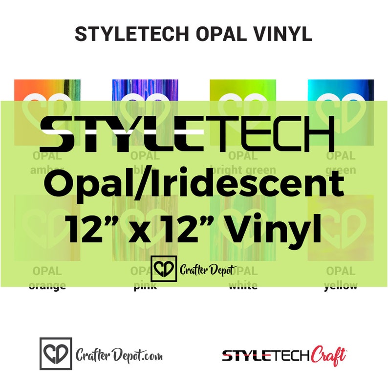 May include: A pack of 12-inch by 12-inch iridescent vinyl sheets in various colors, including amber, blue, bright green, green, orange, pink, white, and yellow. The vinyl sheets are labeled "StyleTech Opal/Iridescent 12" x 12" Vinyl".
