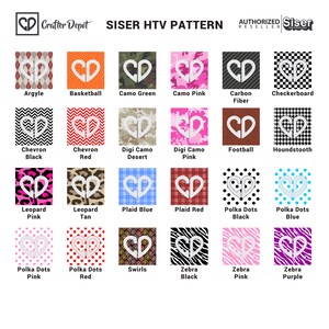 Op de afbeelding: Een grafiek met 24 verschillende Siser HTV-patronen, waaronder Argyle, Basketbal, Camo Groen, Camo Roze, Carbon Fiber, Schaakbord, Chevron Zwart, Chevron Rood, Digi Camo Desert, Digi Camo Roze, Voetbal, Houndstooth, Leopard Roze, Leopard Bruin, Plaid Blauw, Plaid Rood, Polka Dots Zwart, Polka Dots Blauw, Polka Dots Roze, Polka Dots Rood, Swirls, Zebra Zwart, Zebra Roze en Zebra Paars.