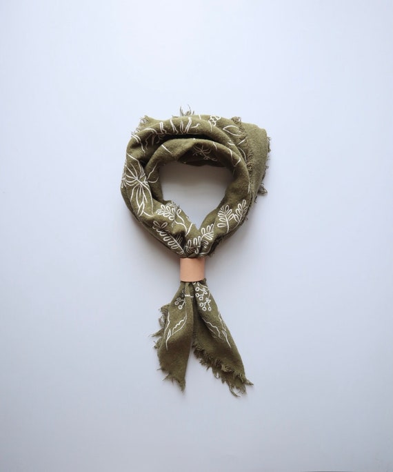 Olive Green Naturally Dyed Raw Silk Botanical Printed Bandana/ - Etsy