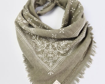 Sage Grey Classic Patterned Raw Silk Bandana/scarf- white ink