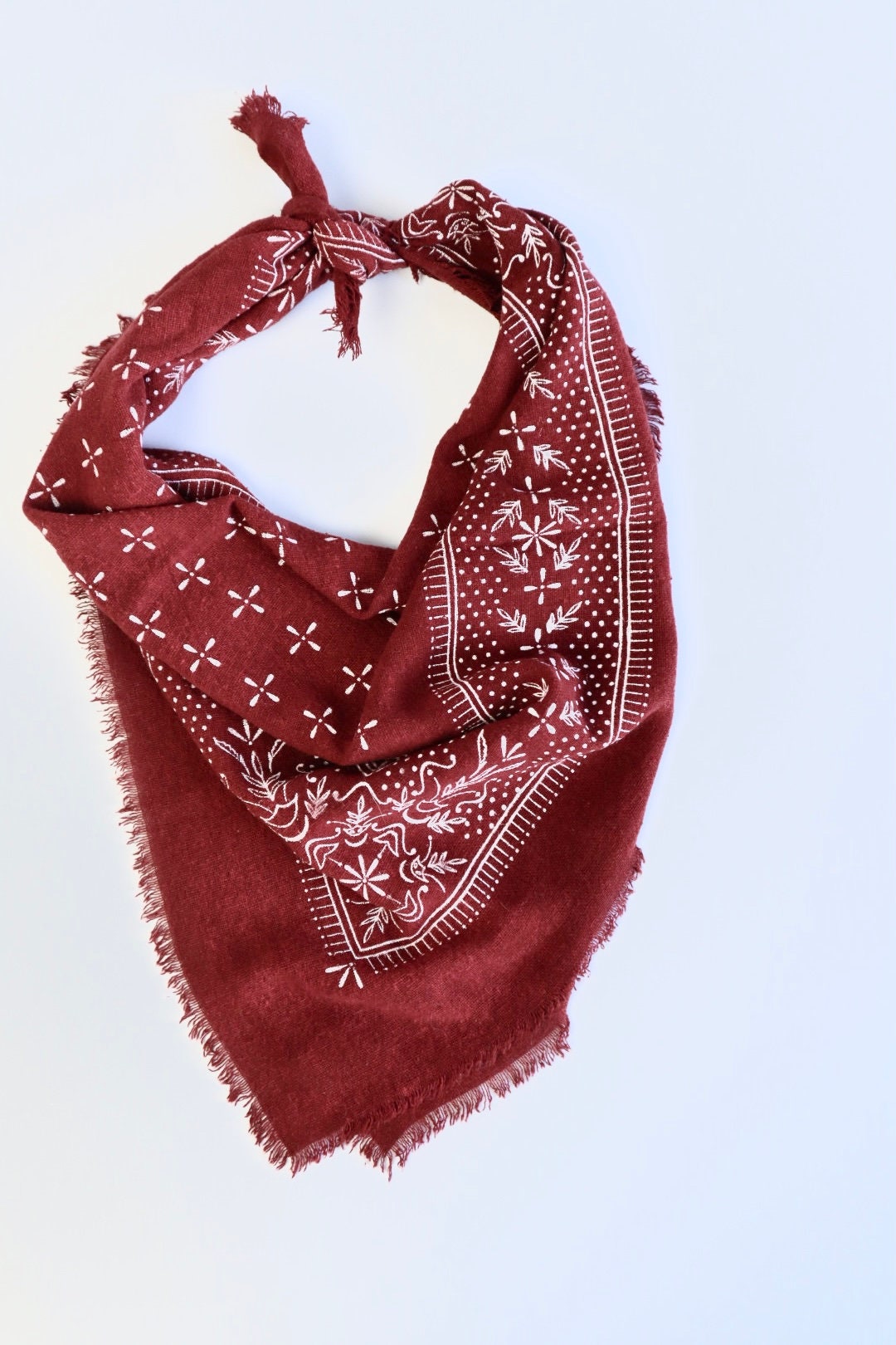 Poppy Red Classic Patterned Raw Silk Bandana/scarf - white ink