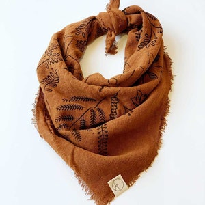 Terracotta Naturally Dyed Botanical Patterned Raw Silk Bandana/scarfs- black ink
