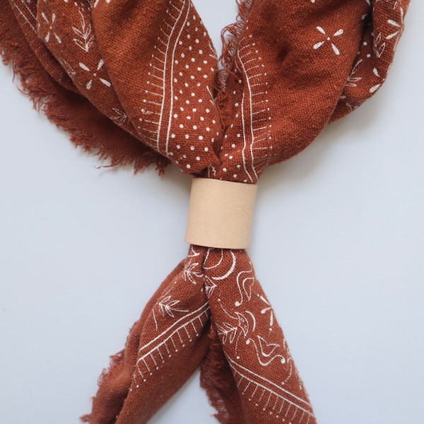 Terracotta Classic Patterned Raw Silk Bandana/scarf- White ink