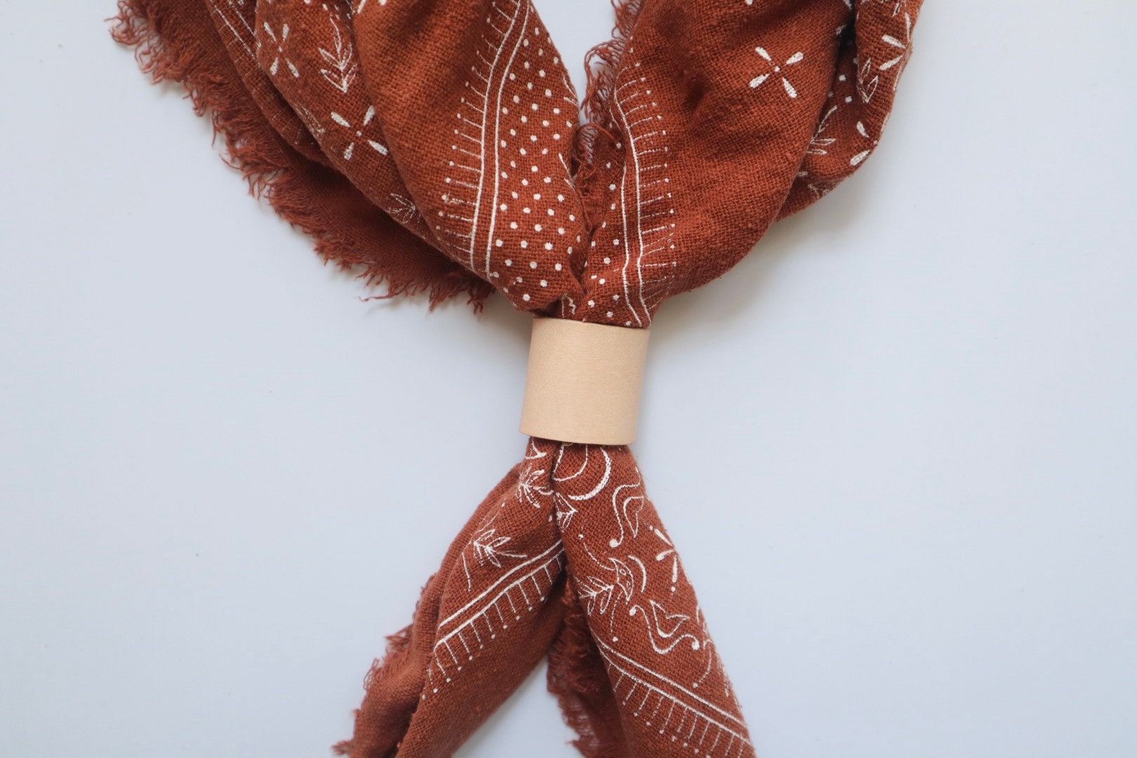 Terracotta Classic Patterned Raw Silk Bandana/scarf- White ink