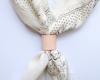 Cream/ White Classic Patterned Raw Silk Bandana/scarf- Black ink