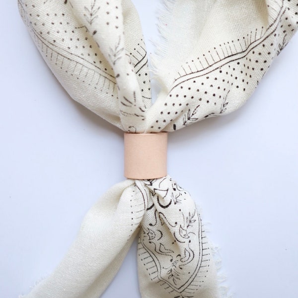 Cream/ White Classic Patterned Raw Silk Bandana/scarf- Black ink