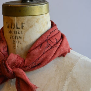 Poppy Red Naturally Dyed Botanical Patterned Raw Silk Bandana/ Scarf Black ink