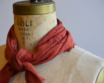 Poppy Red Naturally Dyed Botanical Patterned Raw Silk Bandana/ Scarf Black ink