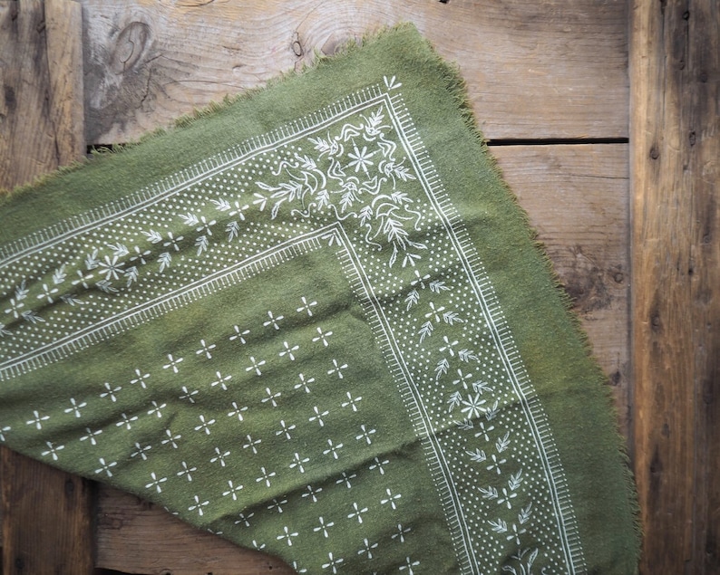 Olive Green Classic Patterned Raw Silk Bandana/scarf White ink image 2