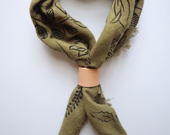 Olive Green Naturally Dyed Raw Silk Botanical Printed Bandana/ Scarf- black ink