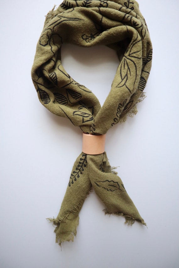 Olive Green Naturally Dyed Raw Silk Botanical Printed Bandana/ - Etsy