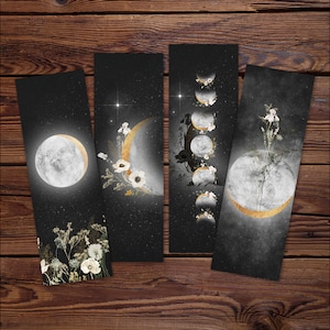 Moon Flower Printable Bookmarks Set, Night Sky Bookmarks Moon Phases, Celestial Gifts for Readers, Bookish Gifts, PDF Digital DOWNLOAD