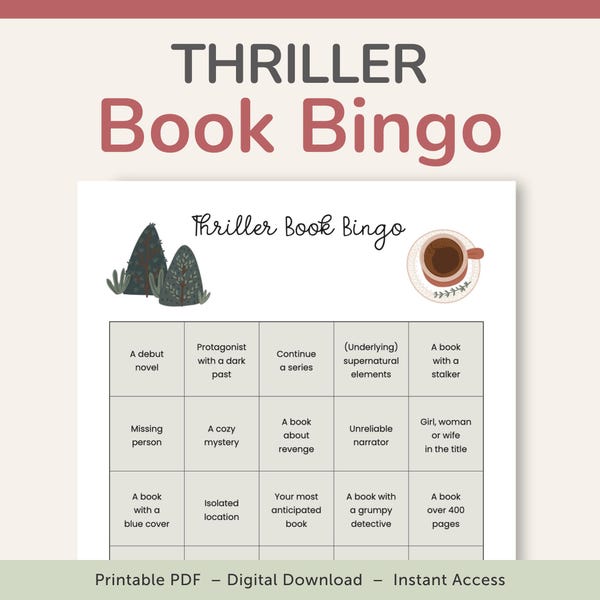 Thriller Book Bingo Printable, TBR Game, Reading Prompts, What to Read Next, PDF – DOWNLOAD