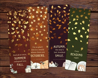 Autumn Bookmark Set, Printable Bookmarks with Quotes, Literary Gifts for Readers, Autumnal Bookish Gifts, Digital Reading Gifts, DOWNLOAD