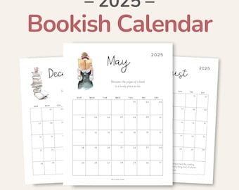 Book Lover Calendar 2025 Printable with Bookish Quotes, PDF - DOWNLOAD