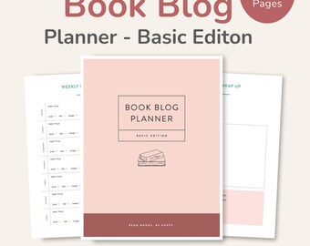 May include: A printable book blog planner with a pink cover featuring a stack of books and the text "Book Blog Planner - Basic Edition". The planner has 15 pages and includes a weekly schedule, a wrap-up section, and a section for reading goals.