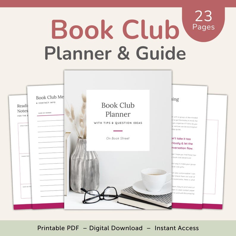 Puede incluir: Un planificador y gu&iacute;a de club de lectura imprimible de 23 p&aacute;ginas. La portada presenta un jarr&oacute;n blanco con flores secas, una pila de libros, un par de gafas y una taza de t&eacute;. El t&iacute;tulo "Book Club Planner & Guide" est&aacute; en letras grandes, negritas y rosas. El texto "23 Pages" est&aacute; en letras rosas m&aacute;s peque&ntilde;as.