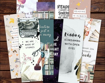 May include: A set of ten colorful bookmarks with different quotes about reading. The bookmarks feature watercolor illustrations of books, a typewriter, a quill pen, and a bookshelf. The quotes include "Reading is dreaming with open eyes" and "We are made of stories".