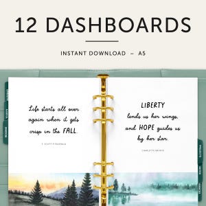 Op de afbeelding: Een set van 12 printbare A5 dashboardpagina's met inspirerende citaten. De pagina's hebben een aquarel achtergrond met een mistige bos scène. De citaten zijn "Het leven begint opnieuw wanneer het fris wordt in de herfst." door F. Scott Fitzgerald en "Vrijheid leent ons haar vleugels, en Hoop leidt ons door haar ster." door Charlotte Brontë.