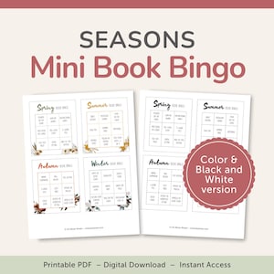 Könnte beinhalten: Ein druckbares Seasons Mini Book Bingo Spiel mit vier saisonalen Rastern für Frühling, Sommer, Herbst und Winter. Das Dokument enthält sowohl farbige als auch schwarz-weiße Versionen mit verschiedenen Leseaufgaben in jedem Feld als digitaler Download.