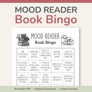 Könnte beinhalten: Eine schwarz-weiße druckbare Bingokarte mit dem Titel "Mood Reader Book Bingo". Die Karte hat 25 Felder mit verschiedenen buchbezogenen Aufforderungen, wie z. B. "Genre, das du gerade suchst", "Komfortlektüre, um deine Seele zu beruhigen" und "Etwas, das pure Flucht ist".