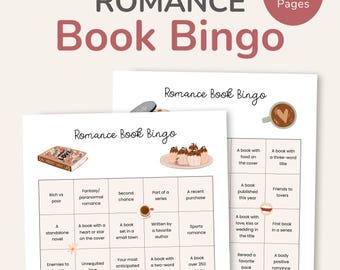 Op de afbeelding: Een printbare Romance Book Bingo-kaart met een roze en groene kleurschema. De kaart heeft een raster van 25 vierkanten met verschillende Romance Book Bingo-uitdagingen. De kaart heeft de tekst "Romance Book Bingo" bovenaan.
