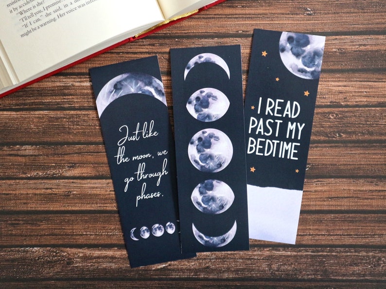 printable bookmarks moon phases quotes i read past my bedtime etsy