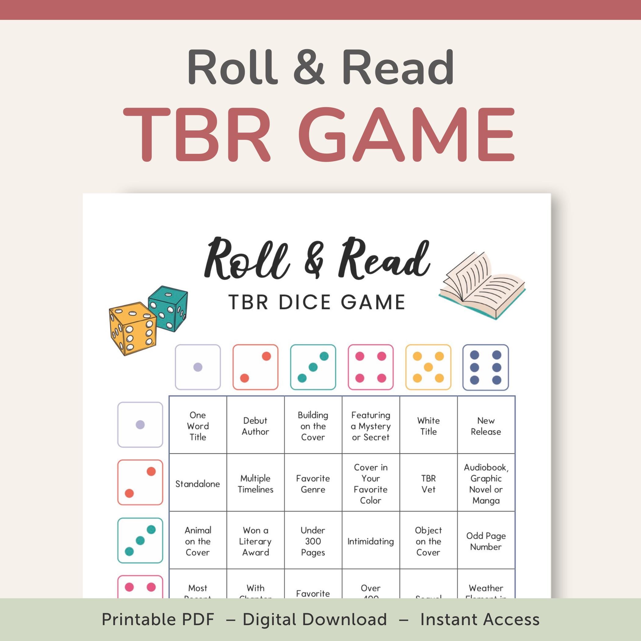 Dice TBR Game with Reading Prompts, What to Read Next, Printable – DOWNLOAD