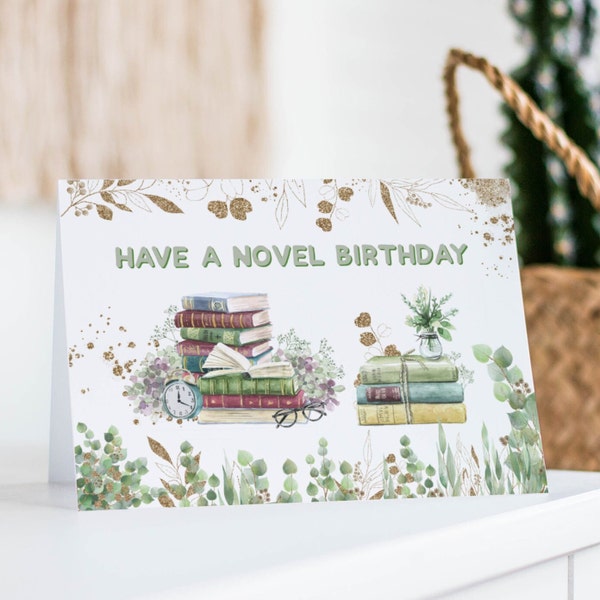 Boekenliefhebber verjaardagskaart, boekenwurm Happy Birthday Card, digitale wenskaart om af te drukken, cadeau voor lezers, PDF – DOWNLOAD