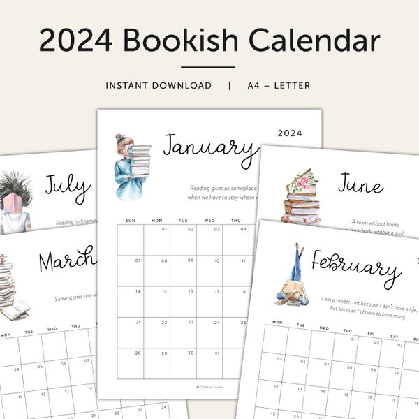 Book Lover Calendar 2024 Printable with Bookish Quotes, PDF - DOWNLOAD