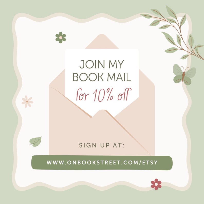 Puede incluir: Un sobre rosa con una tarjeta blanca en su interior que dice "JOIN MY BOOK MAIL for 10% off". El sobre est&aacute; sobre un fondo blanco con hojas y flores verdes. El texto debajo del sobre dice "SIGN UP AT: WWW.ONBOOKSTREET.COM/ETSY".