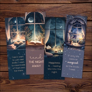 May include: Four rectangular bookmarks featuring night-time window scenes with books, lanterns, and plants. The text reads: I don't want to just read books. I want to crawl inside of them and live there; read THE NIGHT AWAY; Happiness is ... reading late into the night; If only life were as magical as the books I read.