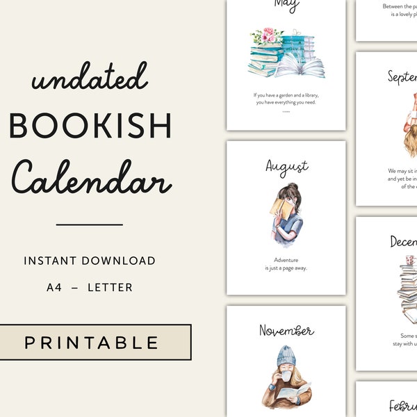 Printable Undated Calendar for Book Lovers, Book Quotes Wall Calendar PDF, Book Lover Gift, Bookworm Gifts for Readers, DOWNLOAD