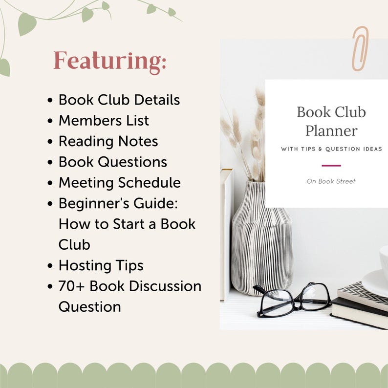Puede incluir: Un jarr&oacute;n blanco y negro a rayas con flores secas se encuentra en un estante blanco con libros y vasos. El texto "Book Club Planner" est&aacute; en un rect&aacute;ngulo blanco con una l&iacute;nea burdeos. El texto "With Tips & Question Ideas" est&aacute; debajo del t&iacute;tulo del planificador. El texto "On Book Street" est&aacute; debajo del texto de las ideas de preguntas. El texto "Featuring:" est&aacute; en el lado izquierdo de la imagen con una lista de las caracter&iacute;sticas del planificador.