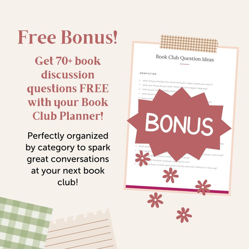 Puede incluir: Un gr&aacute;fico rosa y blanco con el texto "Free Bonus!" y "Get 70+ book discussion questions FREE with your Book Club Planner!" El gr&aacute;fico tambi&eacute;n incluye una estrella rosa con la palabra "BONUS" dentro. El gr&aacute;fico promociona un bono gratuito para los miembros del club de lectura.