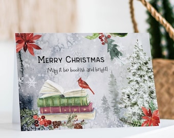 Tarjeta de Navidad Amante de los libros, Tarjeta de felicitación digital para imprimir, Tarjeta de Navidad Bookworm, Regalo para lectores, PDF – DESCARGAR