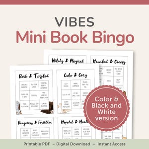 Könnte beinhalten: Ein druckbares Mini-Buch-Bingo-Spiel im PDF-Format mit Kategorien wie "Witchy & Magical" und "Haunted & Creepy". Das Design zeigt eine Farb-, Schwarz-Weiß-Version mit dem Text "Vibes Mini Book Bingo".