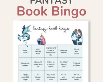 Op de afbeelding: Een printbare fantasy boek bingo kaart met illustraties van een draak, een ridder en een tovenaar. De kaart heeft vakjes met prompts zoals "Goed tegen kwaad", "Een knusse fantasy boek", "Ridder, zwaard, troon of kroon in de titel", "Vervolg van een serie", "Een boek met draken", "Een boek met een vier-woord titel", "Geschreven door een favoriete auteur", "Een politiek fantasy boek", "Eerste boek in een serie", "Een boek onder de 500 pagina's", "De Uitverkorene", "Je meest verwachte boek", "Een boek met huurmoordenaars", en "Een boek met een zwarte omslag".