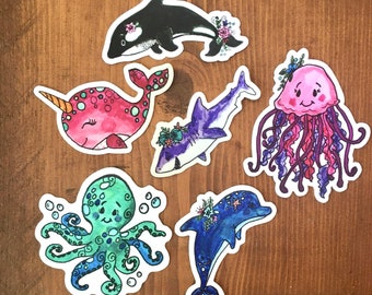 SALE Kids Sea Life Sticker Pack Orca Jellyfish Narwhal Octopus Dolphin Shark Vinyl Sticker Decal Dishwasher Safe