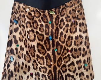 Vintage Dolce and Gabbana LEOPARD-Print silk  MINI SKIRT embellished, Dolce and Gabbana