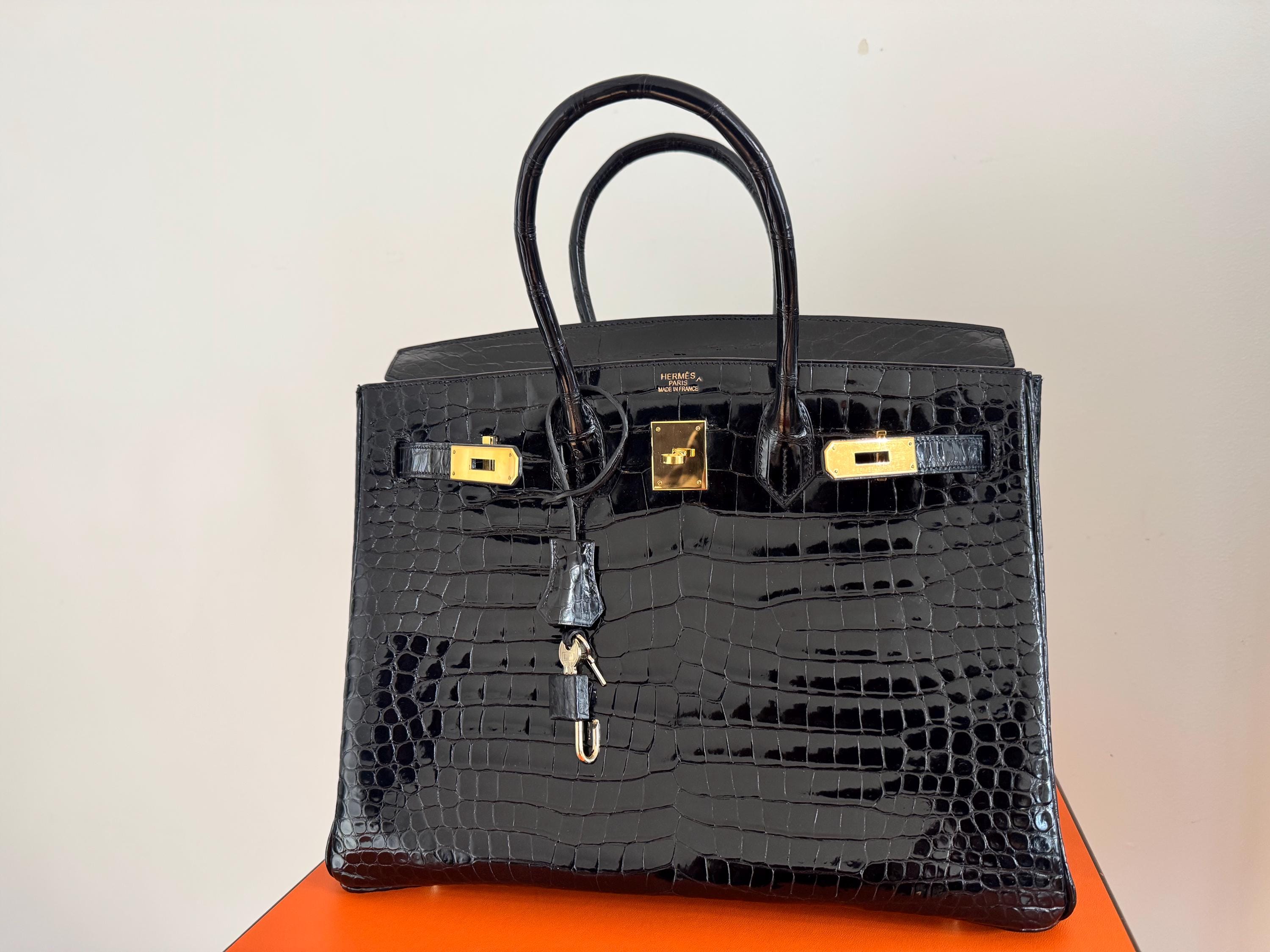 Hermès Birkin 35 – Shiny Porosus Crocodile, Black Box Dust Bag