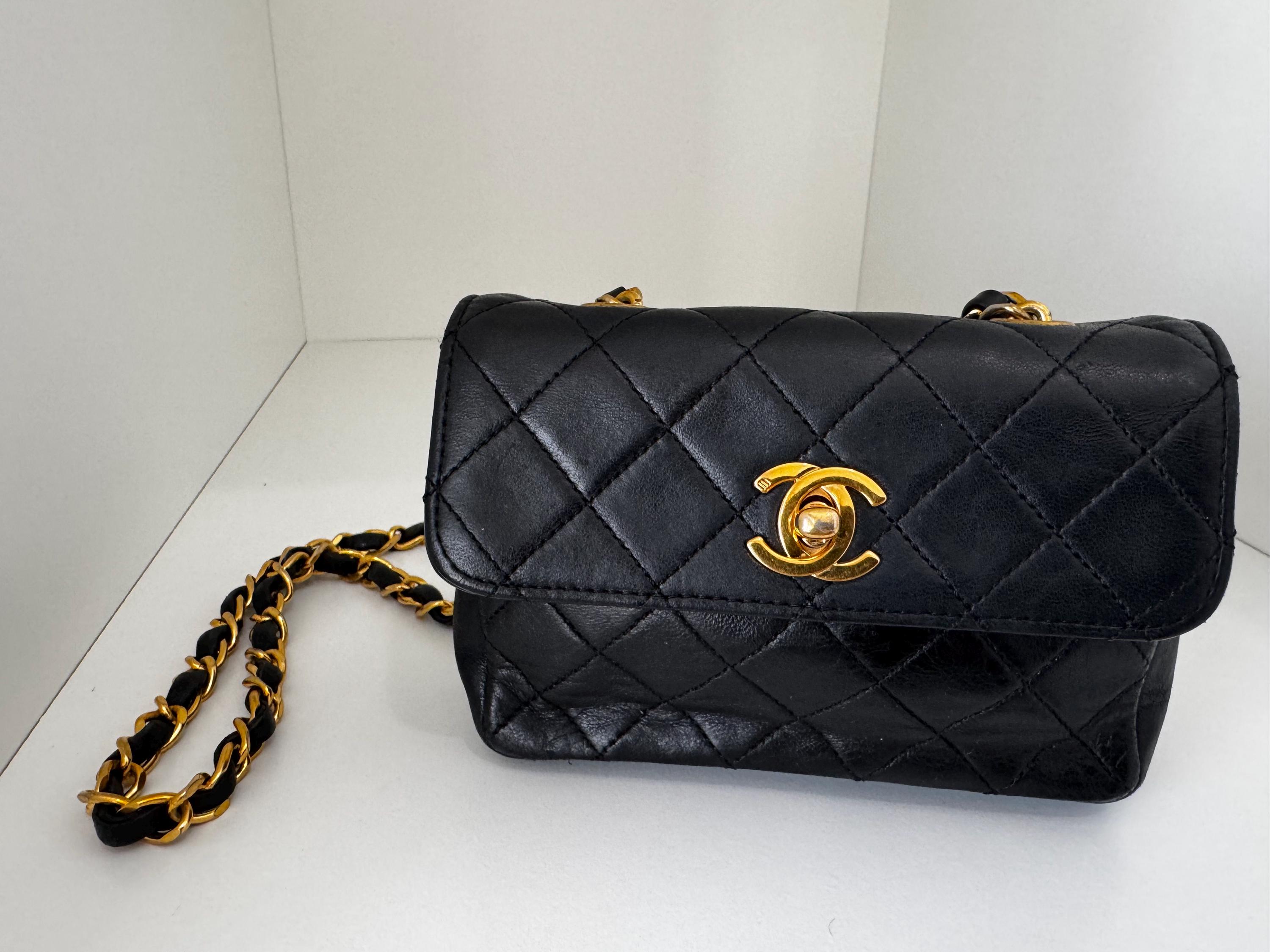 CHANEL Micro Mini Flap Black Lambskin Vintage 1990 Rare CC