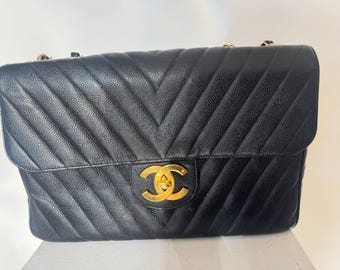 Vintage Chanel jumbo Chevron Cavale  half Flap XL black circa 1990’s