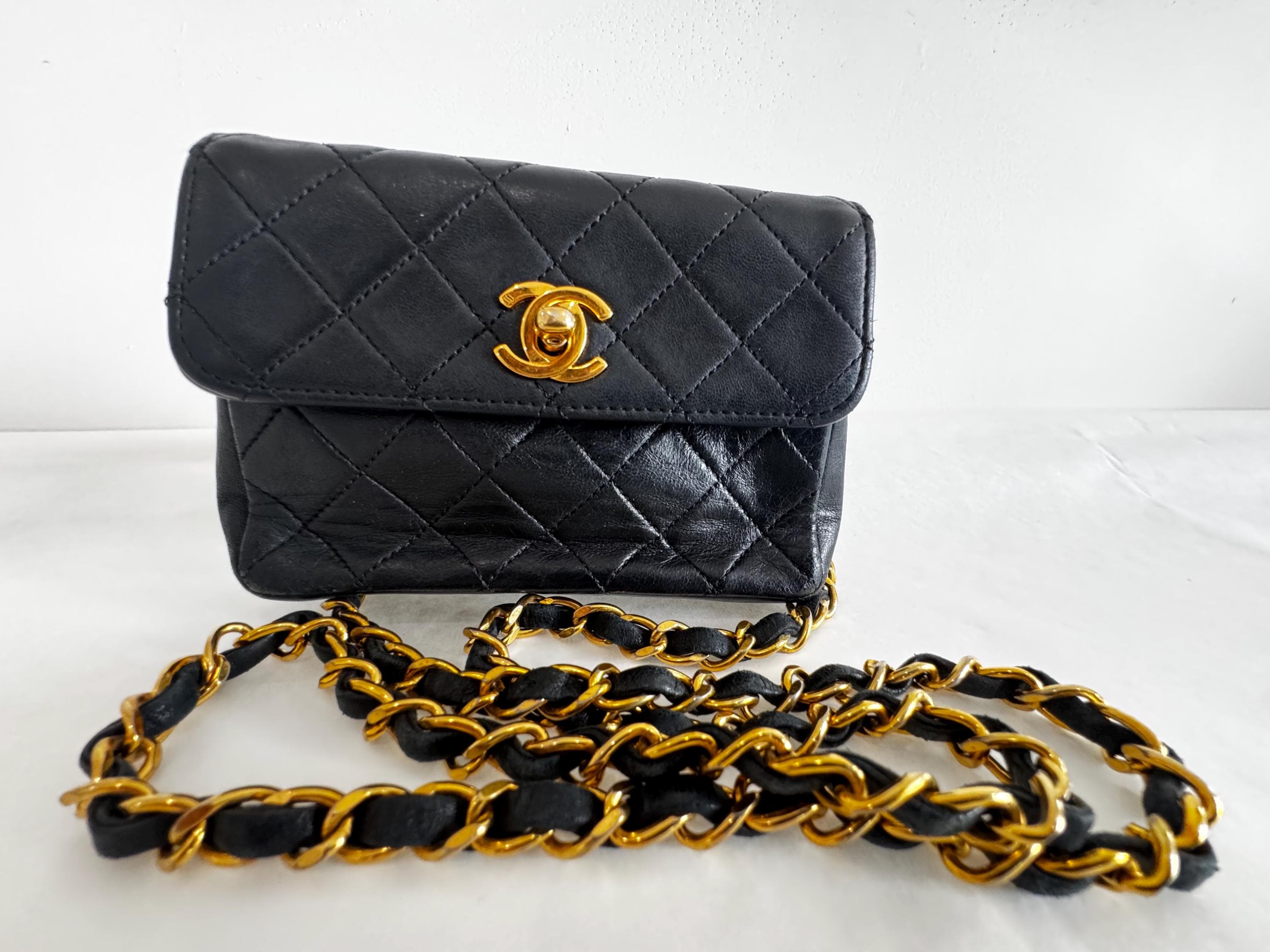 CHANEL Micro Mini Flap Black Lambskin Vintage 1990 Rare CC
